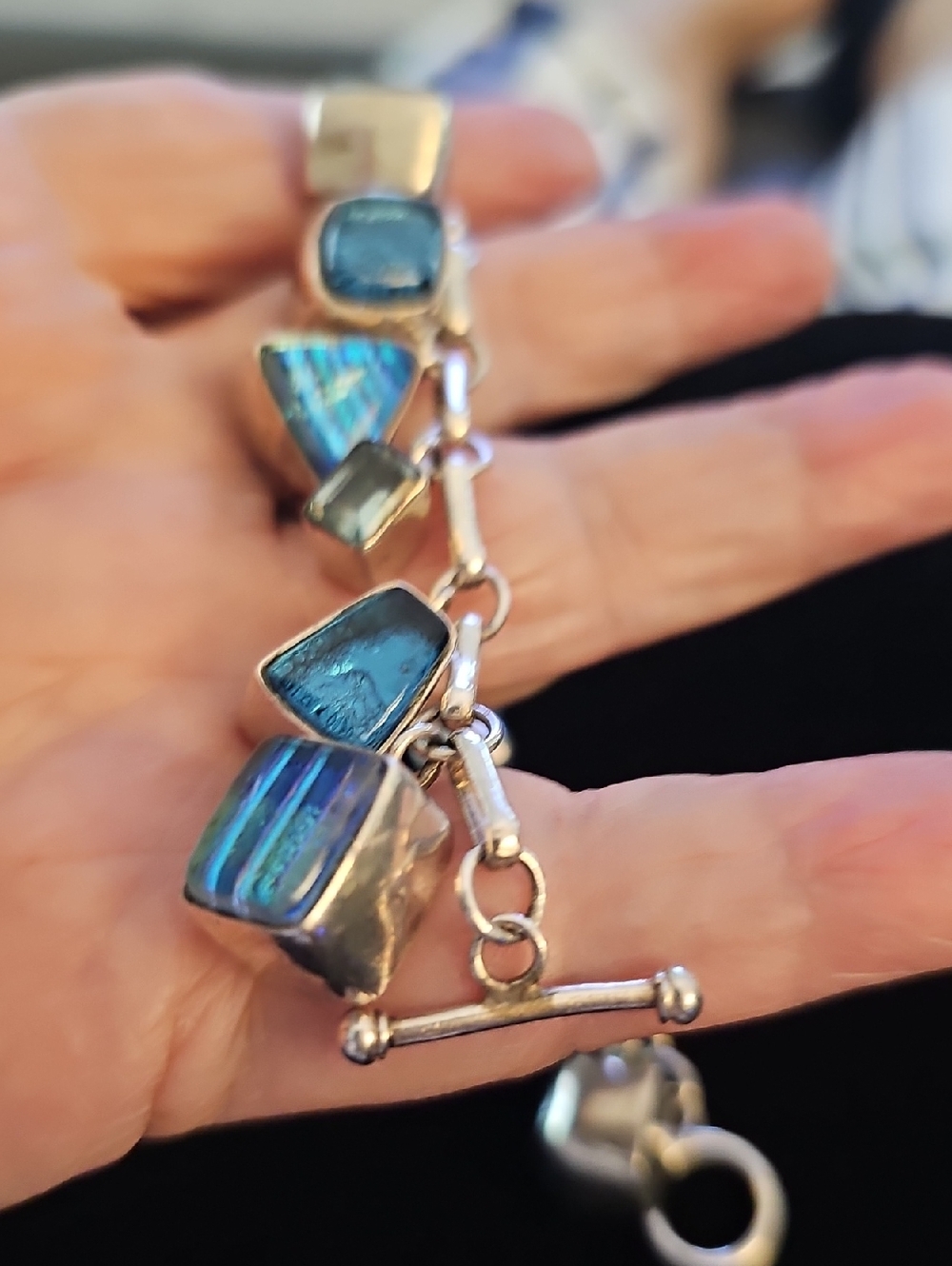 Sterling Silver Blue Dichroic Glass Charm Bracelet - Women's Jewelry. Beautiful - Picture 3 of 8